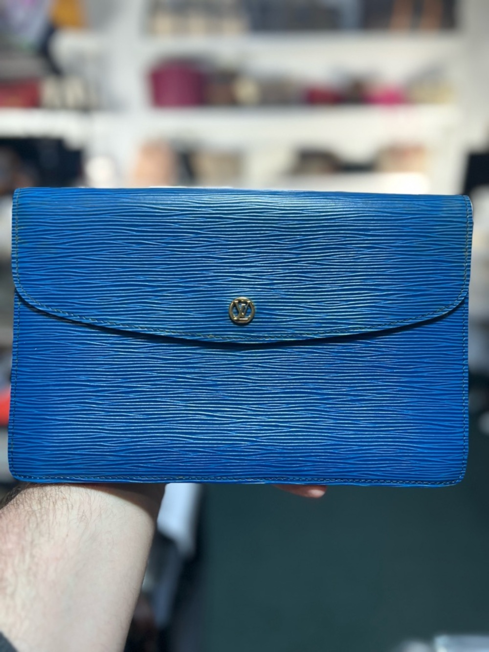 LV BLUE EPI CLUTCH